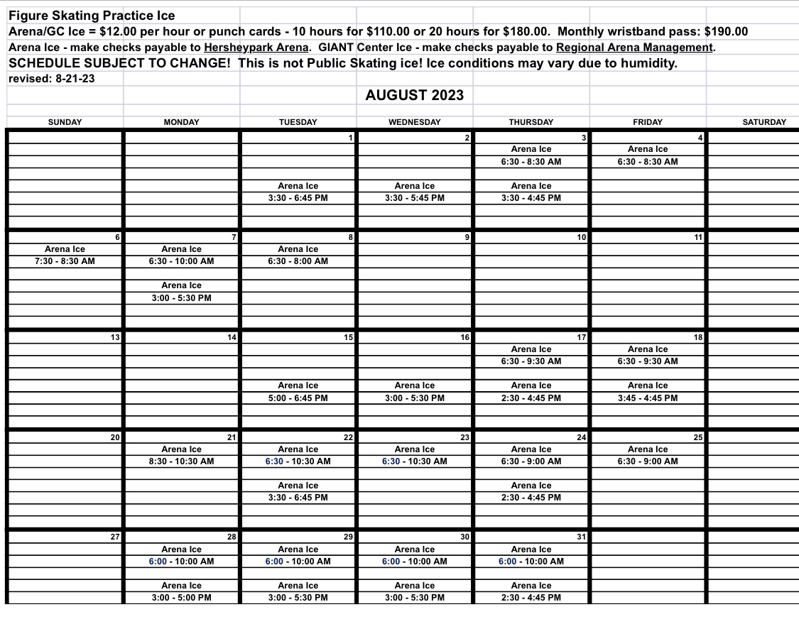 Hershey Figure Skating Club Freestyle Schedule